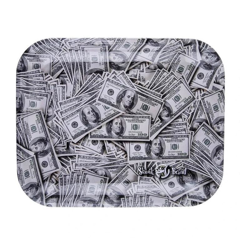 Skunk Brand Dollar Bills Large Metal Rolling Tray - BudMother.com